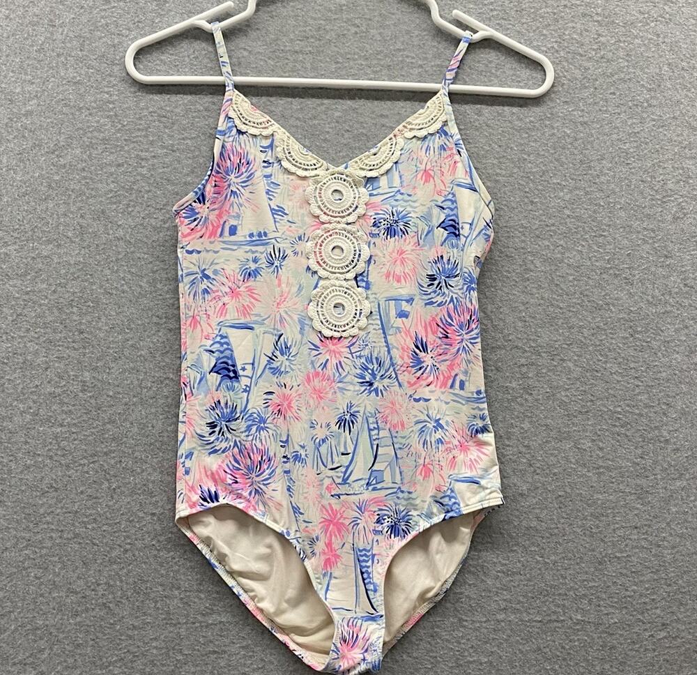 Lilly Pulitzer Kids Girls DANICA SWIMSUIT Crew Blue Tint Sea Shining Sea 14